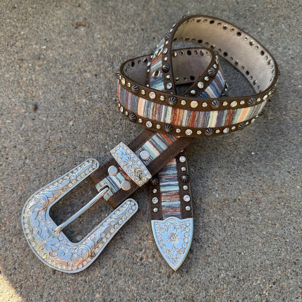 Angel Ranch Antique Silver Tone Studs Bling Gem Belt Serape Stripe DA3632 SMALL
